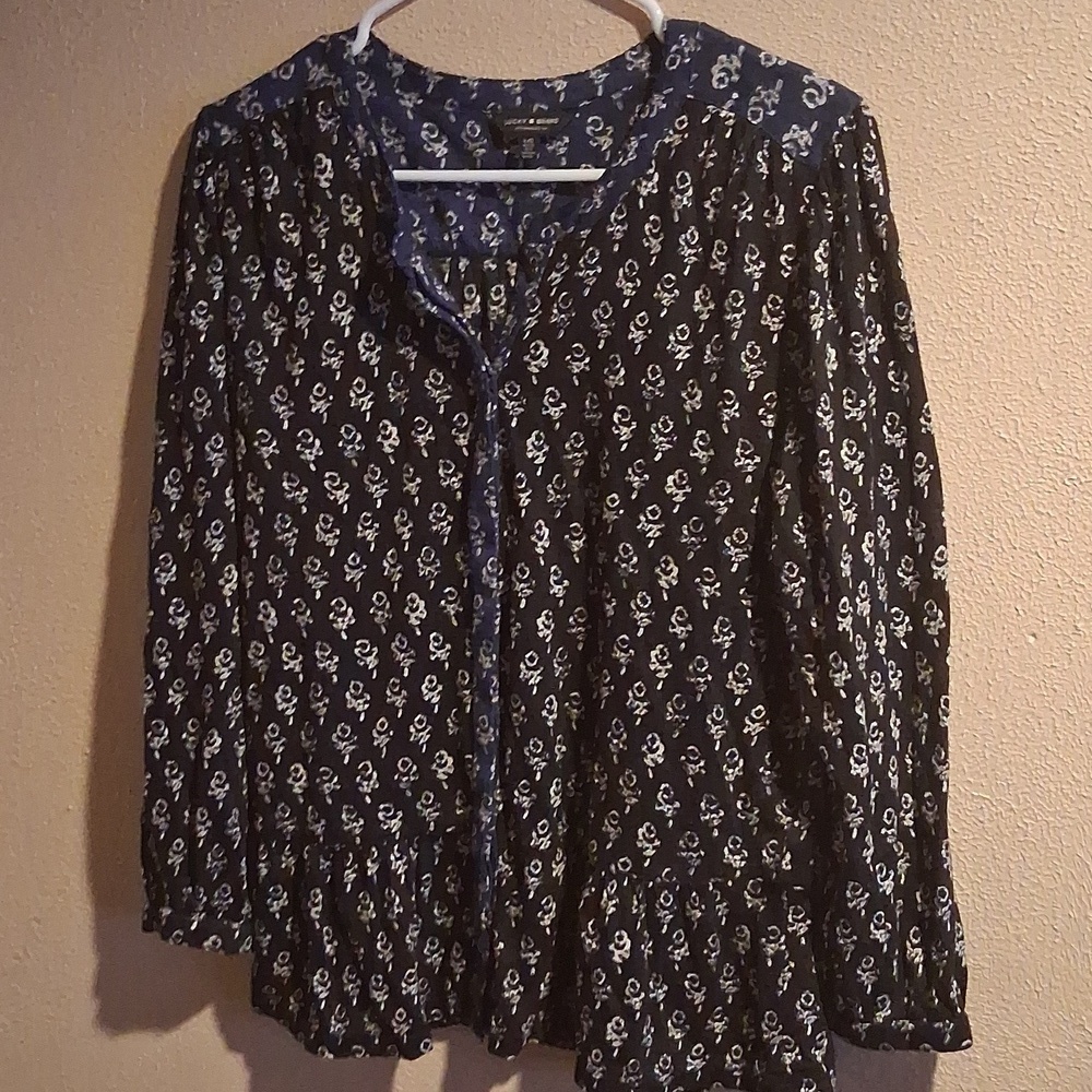 Lucky Brand Buttonown Black And Navy Abstract Top L